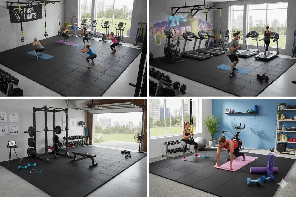 Rubber gym mats installed in the gym flooring